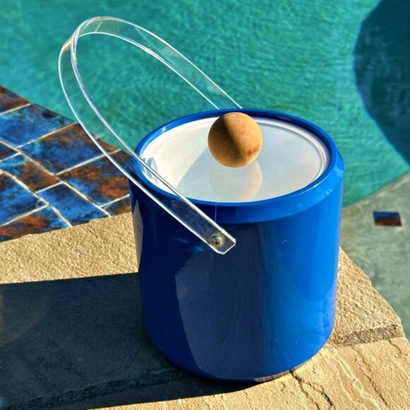 Vintage MCM Morgan Bucket Brigade Ice Bucket Royal Blue Wooden Knob Man Cave Bar - Picture 6 of 9